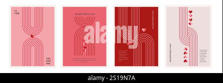 Minimalistische böhmische Valentinstag-Grußkarten, Wandbilder. Herz, Lippen, Sonne und Regenbogen, Designvorlagen, geometrische abstrakte Designelemente Stock Vektor