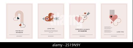 Minimalistische böhmische Valentinstag-Grußkarten, Wandbilder. Herz, Lippen, Sonne und Regenbogen, Designvorlagen, geometrische abstrakte Designelemente Stock Vektor