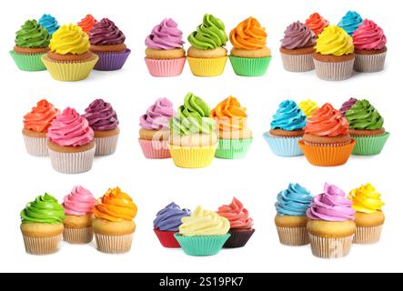Leckere Cupcakes mit Creme isoliert auf weiß, Collage Stockfoto