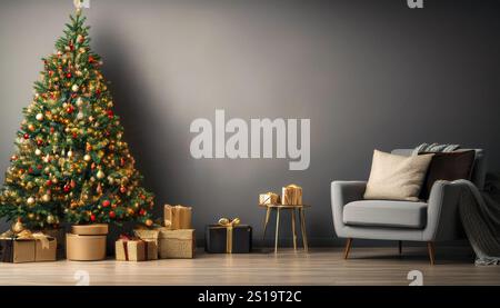 Ein warmer und einladender Raum ist voller Weihnachtsfreude, mit einem üppigen Weihnachtsbaum mit funkelnden Ornamenten. Stockfoto