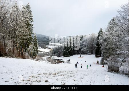 02. Januar 2025, Rheinland-Pfalz, Prüm: Menschen, die sich im Skigebiet Wolfsschlucht Vergnügen. Am Morgen schneite es bis hinunter in die Tiefebene in der Eifel. Foto: Harald Tittel/dpa Stockfoto