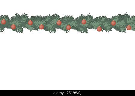 Nahtlose Tannengirlande mit roten Weihnachtskugeln. Rand für Karten und Weihnachtsdekor, Vektor-Illustration Stock Vektor
