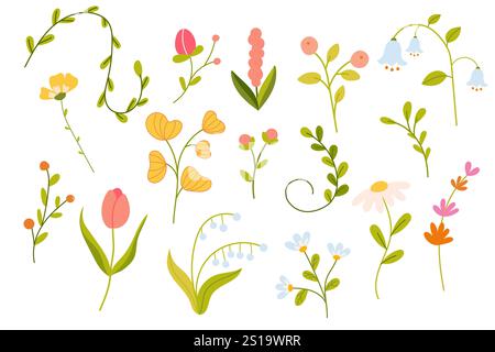 Minimalistischer Frühling Blumen Vektor Illustration Set. Einfache Blumen, Blätter, Brunches, Pflanzen Stock Vektor