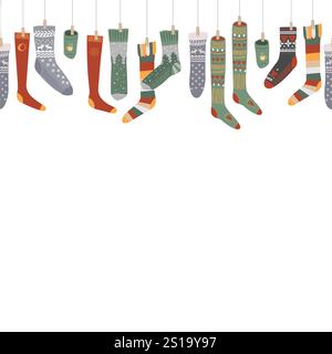 Warme und gemütliche Weihnachtssocken und -Strümpfe mit nahtlosem Rand. Isolierter Geschenkstiefel, dekoratives Element des Neujahrshauses, Vektorillustration. Stock Vektor