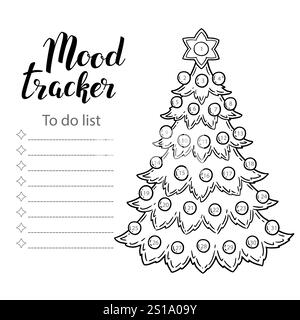 Mood Tracker blank mit handgezeichnetem Schriftzug und floraler Skizze. Bullet Journal oder Monatsplaner Vorlage. Druckbarer Organizer, Terminkalender, Planer für Stock Vektor