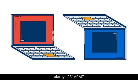 Zwei offene Laptops nebeneinander platziert 2D-Kritzelobjekte Set Stock Vektor