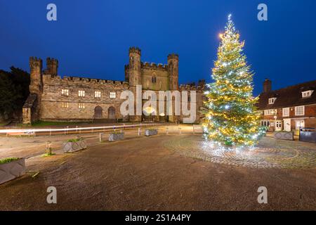 Beleuchteter Weihnachtsbaum vor dem Torhaus von Battle Abbey, Battle, East Sussex, England, Vereinigtes Königreich, Europa Stockfoto