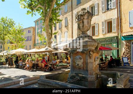 Frankreich, Var, Provence Verte (Grüne Provence), Cotignac, Cours Gambetta, der Four Seasons-Brunnen von 1810 Stockfoto