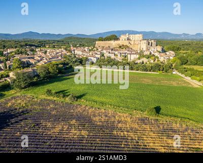 Frankreich, Drôme, Grignan, mit Les Plus Beaux Villages de France, Lavendelfeld, Dorf und Burg Grignan, sechs Jahrhunderte lang Residenz der Linie Adhémar (Luftaufnahme) Stockfoto