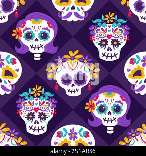 Tag der Toten. Dia de Muertos. Eine Reihe festlicher Schädel mit Blumen und Zeichnungen. Ohrringe, Kranz, Schnurrbart. Catrina, der Garbancera-Skul Stock Vektor