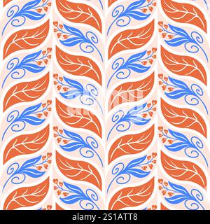 Dieses nahtlose abstrakte Muster zeigt Weizen, Blumen und Blätter in einem flachen Design. Diese Vektorkunst bringt ein zeitgenössisches Flair in verschiedene Bereiche Stock Vektor