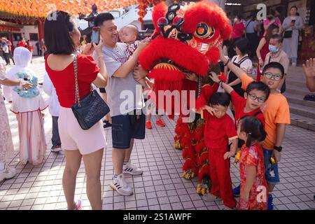 Lion Dance Performance im chinesischen Tempel in Chinatown Kuala Lumpur, Malaysia. Chinesisches Neujahrsfest Stockfoto