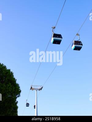 Lissabon, Portugal - 15. August 2016: Seilbahnen gleiten über einen klaren blauen Himmel im Lissabonner Nationalpark, vom Boden aus gesehen Stockfoto