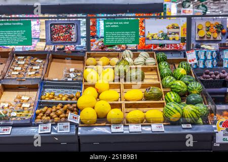 Frische Melonen, Wassermelonen und Kiwis werden in Holzkisten in Obstregalen im Lebensmittelgeschäft ausgestellt. Stockfoto