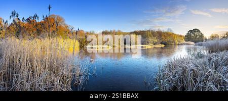 Der Ornamental Lake auf Southampton Common ist an einem frostigen Herbstmorgen gefroren. Stockfoto