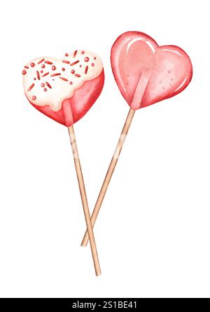 Lutscher mit rosa Herzen. Aquarell handgemalte Illustration, isoliert auf weißem Hintergrund Stockfoto