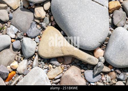 Eine felsige Oberfläche mit einem großen Felsen und mehreren kleineren Felsen, die um sie herum verstreut sind. Auf dem großen Felsen befindet sich ein kleines Objekt, möglicherweise ein Stück Drift Stockfoto