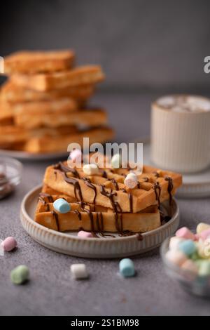 Lassen Sie sich von der köstlichen Kombination aus frisch zubereiteten Waffeln mit reichhaltigem Schokoladennebel und farbenfrohen Marshmallows verwöhnen, perfekt gepaart mit Witz Stockfoto