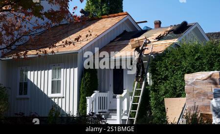 Bauarbeiter befestigen das Dach am blauen Himmel und installieren Schindeln oben im Haus. Renovierung, Verbesserung, Bau von Innenräumen von Fachleuten Stockfoto