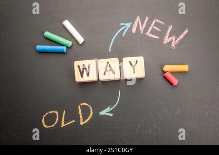 Neues und altes Konzept. Text auf schwarzem Schwarzen Tafel. Stockfoto