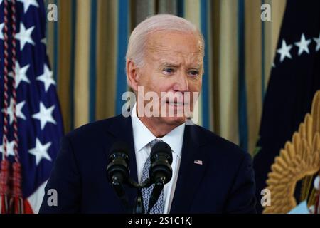 US-Präsident Joe Biden hält Bemerkungen zur Sicherung von 235 gerichtlichen Bestätigungen im Weißen Haus, Washington, DC, USA. Januar 2025. Präsident Biden sprach auch zu den Vorfällen in New Orleans und Las Vegas. EPA-EFE/WILL OLIVER/POOL Credit: SIPA USA/Alamy Live News Stockfoto