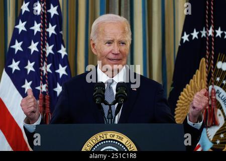 US-Präsident Joe Biden hält Bemerkungen zur Sicherung von 235 gerichtlichen Bestätigungen im Weißen Haus, Washington, DC, USA. Januar 2025. Präsident Biden sprach auch zu den Vorfällen in New Orleans und Las Vegas. EPA-EFE/WILL OLIVER/POOL Credit: SIPA USA/Alamy Live News Stockfoto