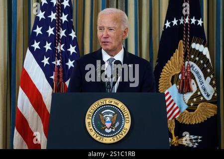 US-Präsident Joe Biden hält Bemerkungen zur Sicherung von 235 gerichtlichen Bestätigungen im Weißen Haus, Washington, DC, USA. Januar 2025. Präsident Biden sprach auch zu den Vorfällen in New Orleans und Las Vegas. EPA-EFE/WILL OLIVER/POOL Credit: SIPA USA/Alamy Live News Stockfoto