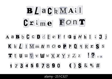 Schriftart für Lösegeld. Sammlung von Zeitschriften und Zeitungsbriefen - Vektordesign-Elemente. Erpressungsmafia-Kriminalitätskonzept. Stock Vektor