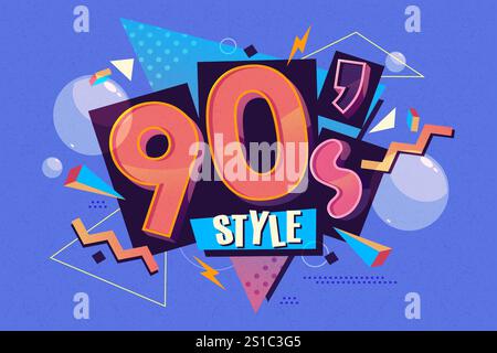 Vintage-Banner im Stil der 90er Jahre. Flyer aus den 90er Jahren mit geometrischer Form. Abstraktes Retro-Zeichen für die ästhetische Party 90. Disco-Werbung Dekoration in alter Mode Stock Vektor