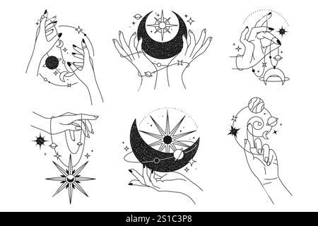Vektorset von Magie und Astrologie, okkultes Symbol. Himmelszeichen mit Händen für Mystik oder Tierkreiszeichen, Tarot. Cartoon Amulett oder Talisman, Tattoo-Element. Stock Vektor
