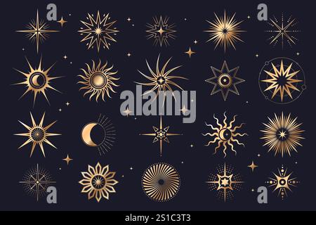 Sonnenuntergang, Mond und Sternsymbole. Vektorhimmel mit Sternenlicht, Blitz und funkelndem Funken, Feuerwerk und Explosion. Signieren oder Abzeichen-Sammlung. Stock Vektor