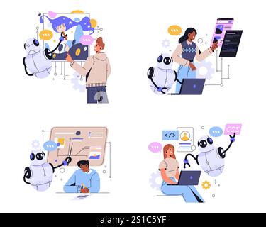 Eine Reihe von künstlichen Intelligenzen oder KI-Helfern. Vektor-Cartoon-Roboter helfen Menschen dabei, Bilder zu programmieren und zu zeichnen, Big Data zu analysieren und Vorlesungen zu studieren. Stock Vektor