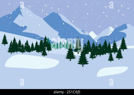 Winterberge bei schneebedecktem Wetter. Winterlandschaft eines Waldes vor einem Hintergrund von Bergen und Schnee. Winter Natur Vektor Illustration Stock Vektor