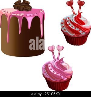Valentinstag. Cupcakes, Muffins, Kuchen mit roter, rosa, weißer Creme. Köstliches Backen. Isolierte Vektordarstellung. Stock Vektor