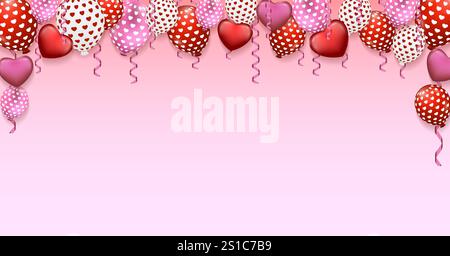 Valentinstag. Rote, rosa Ballons, Ballons in Herzform. Horizontale Vorlage. Vektorillustration isoliert auf rosa-weißem Hintergrund Stock Vektor
