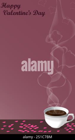 Valentinstag. Tasse Kaffee, Dampf in Form eines Herzens. Vertikale Vorlage. Vektorillustration isoliert auf violettem Hintergrund Stock Vektor