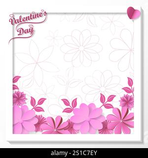 Valentinstag. Quadratisches Vorlagendesign mit rosa abstrakten Papierblumen. Vektorillustration isoliert auf weißem Hintergrund Stock Vektor