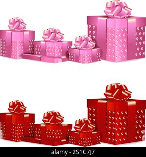 Set rosafarbener und roter Geschenkboxen, die mit Bändern gebunden und mit Schleifen verziert sind. Schachteln mit Herzschmuck. Isolierte Vektordarstellung. Stock Vektor