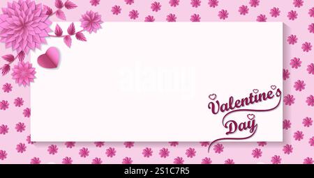 Valentinstag. Horizontales Vorlagendesign mit abstrakten rosafarbenen Papierblumen. Vektorillustration isoliert auf weißem Hintergrund Stock Vektor