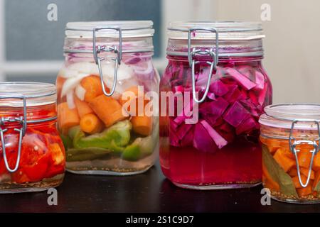 Hausgemachtes gesundes eingelegtes Gemüse in Glasgläsern. Eine Auswahl an farbenfrohen, leckeren Gemüse, das als veganes oder als Beilage genossen werden kann. Stockfoto