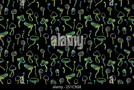 Fantasy Pilze nahtloses Muster. Linienart lustige Blumenelemente. Pilztapete im Stil der 1960er oder 1970er Jahre in Neongrün und Gelb. Vektor Stock Vektor