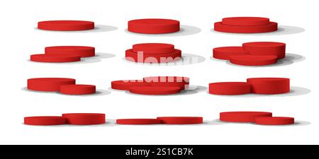 Rotes realistisches leeres 3D-Produktpodium isoliert auf weißem Hintergrund. Vektorabbildung Stock Vektor