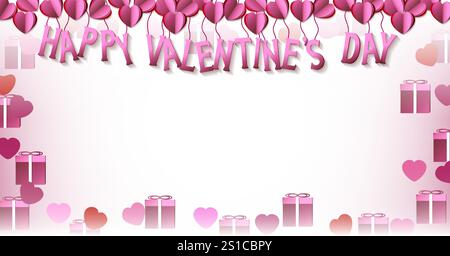 Valentinstag. Origami-Herzen aus Papier, Geschenke, Schriften. Horizontale Vorlage. Vektorillustration isoliert auf rosa-weißem Hintergrund Stock Vektor