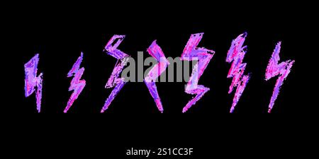 Set von Blitz durch Wachsstift Zeichnung. Sammlung von handgezeichneten Kreide, hellen Blitzschildern, Doodle Donner Bolts, säurerosa Designelementen Stock Vektor