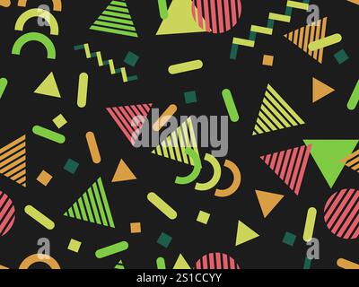 Geometrisches Nahtmuster mit memphis-Elementen im 80s Style. Farbenfrohes geometrisches Muster. Design von Werbeartikeln, Geschenkpapier und Druck Stock Vektor
