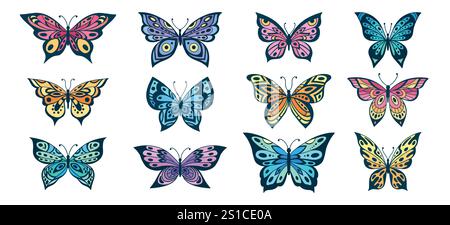 Handgezeichneter Schmetterling. Blütenschmetterlinge, Mottenflügel und bunten Frühlingsinsekten. Fliegende papillon-Schmetterling-isolierte Vektorsammlung zeichnen Stock Vektor