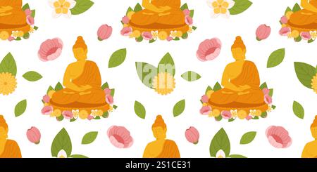 Nahtloses Muster von Buddha mit Blumen- und Blattmotiven in einem lebendigen Zen-Design für Meditation, Spiritualität und dekorative Hintergründe Stock Vektor