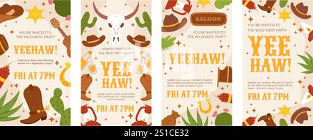 Wild West Party Einladungsset mit Cowboy-Hüten, Kakteen, Western Icons und Yeehaw Text für themenbezogene vertikale Social-Media-Geschichten Stock Vektor