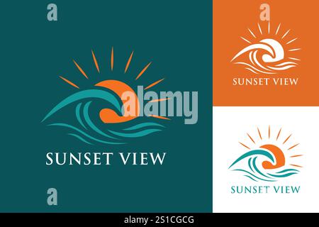 Ein stilisiertes Logo, das eine blaue Meereswelle mit einem orangefarbenen Sonnenuntergang darstellt. Stock Vektor