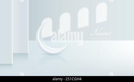3D weißer islamischer Hintergrund. Weißer Halbmond im Zimmer mit Fensterschatten Stock Vektor